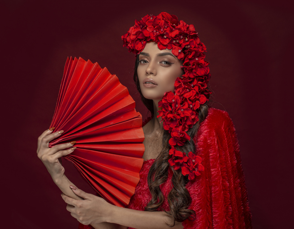 Red Fan Woman by DEBASISH CHATTOPADHYAY — canvas wall art