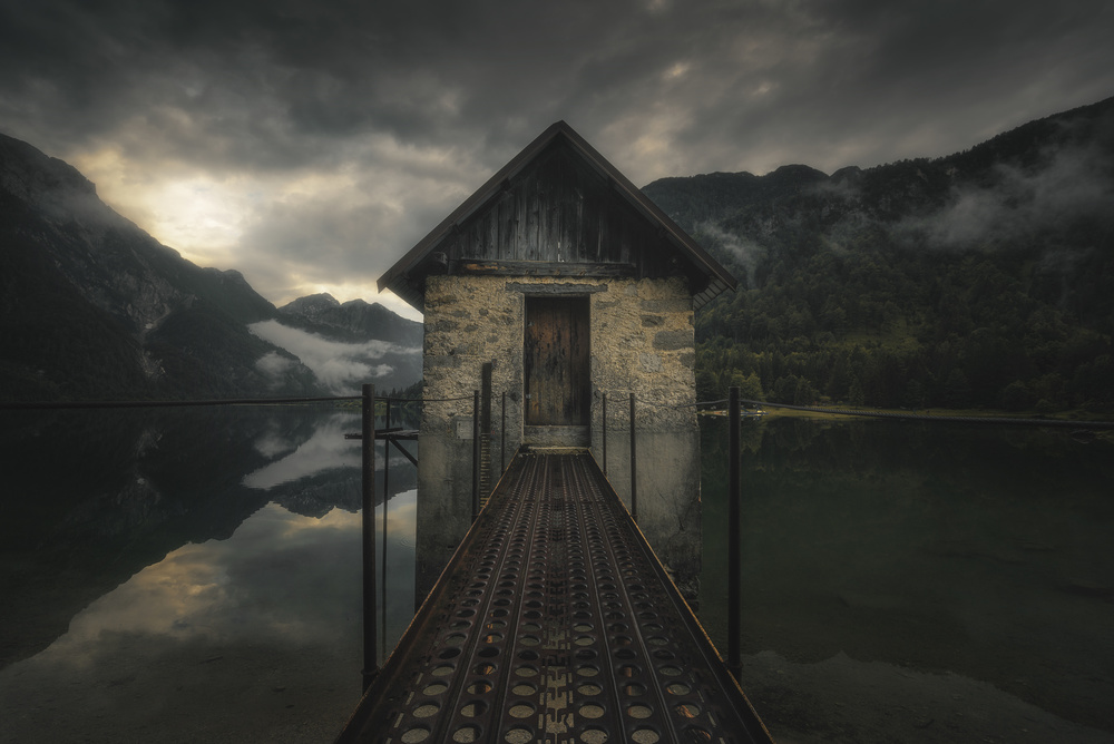 Dramatic Lake Boathouse by Thomas de Franzoni — canvas wall art