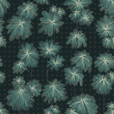 Japandi Farmhouse Flowers patterned background dark teal green seamless pattern