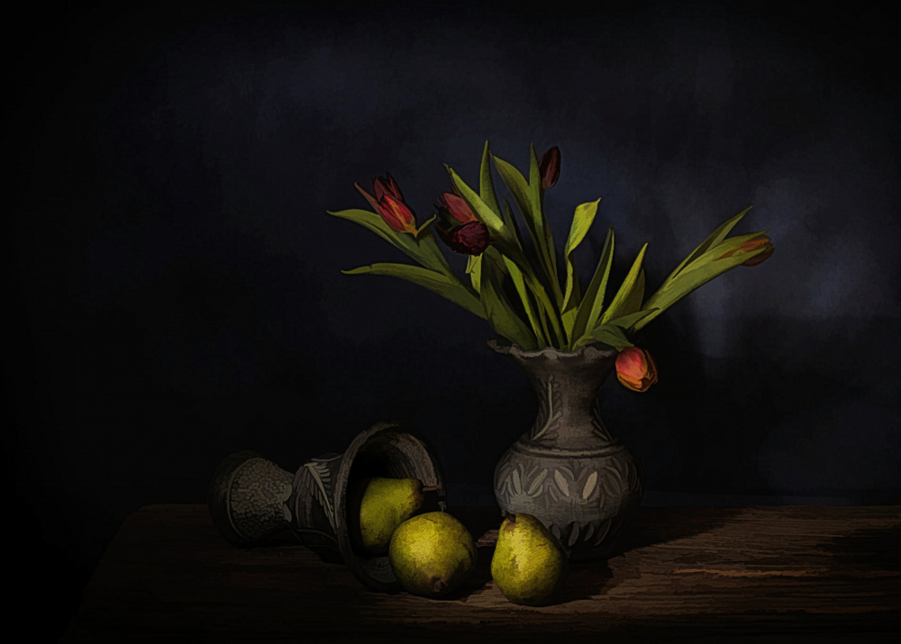 Pears and Tulips Still Life by Saskia Dingemans — canvas wall art