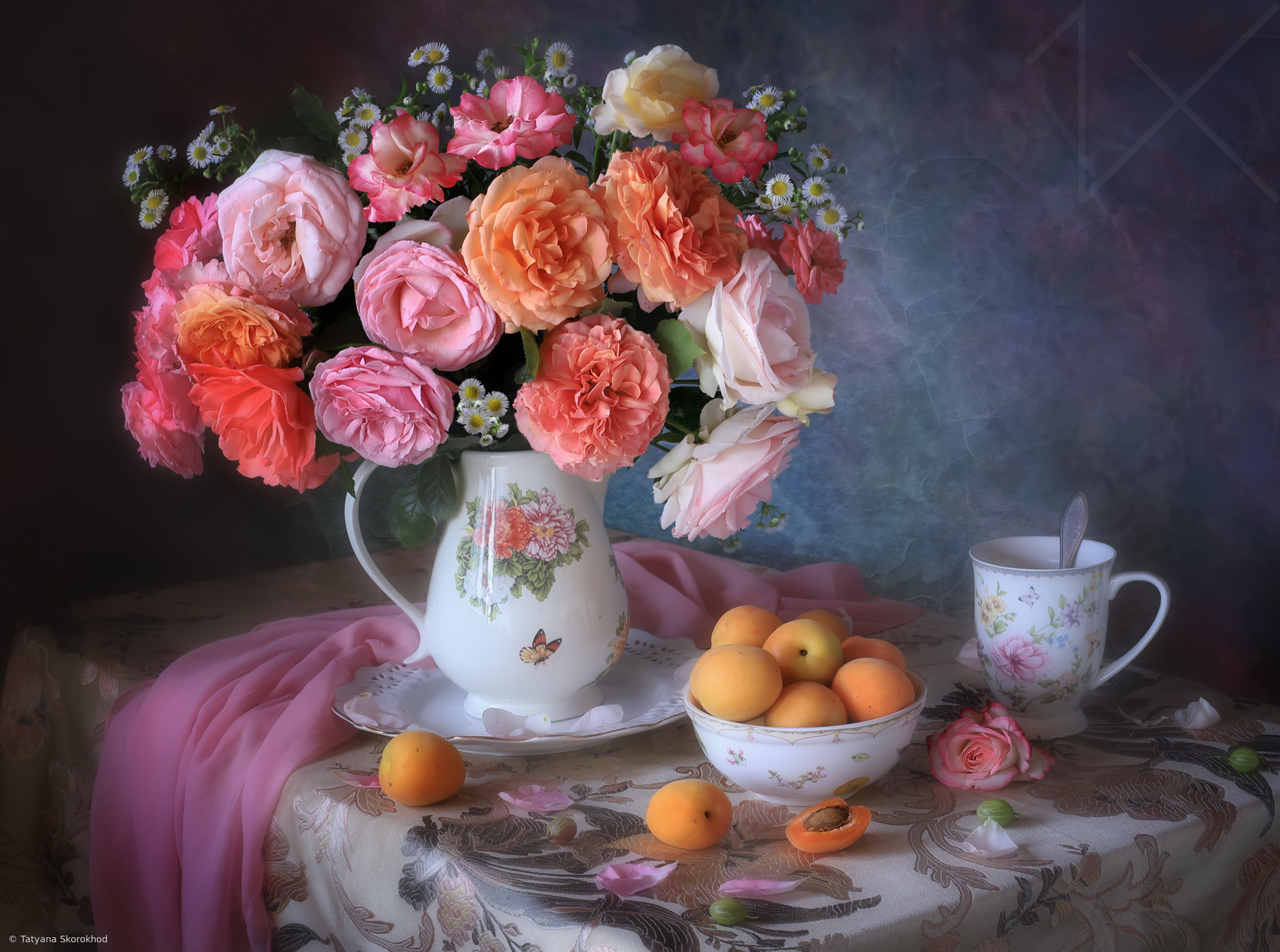 Still life with a bouquet of roses and apricots by Tatyana Skorokhod