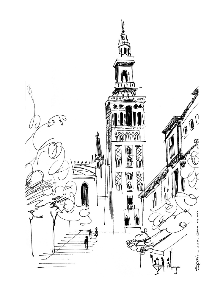 Seville Giralda Street Sketch by Awol Art Alex — canvas wall art