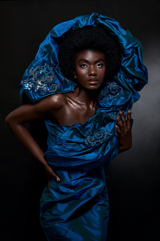 Regal Blue Fashion Portrait by Tatya Lushchyk — canvas wall art