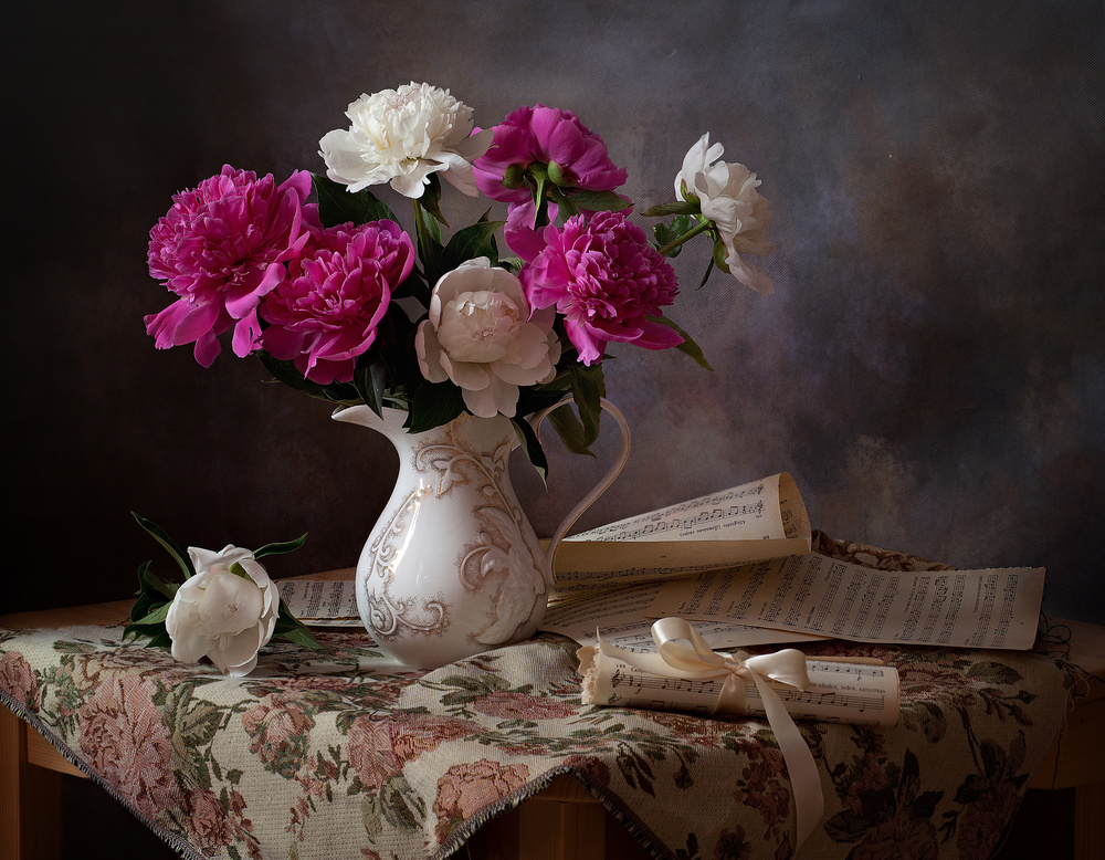 Peonies and Sheet Music by Alina Lankina — canvas wall art