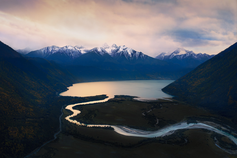 Golden Mountain Lake by Leah Xu — canvas wall art