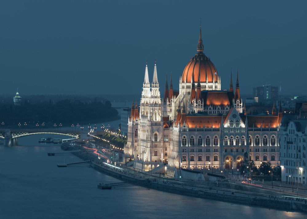 Illuminated Parliament Budapest by Juan Pablo de Miguel — canvas wall art