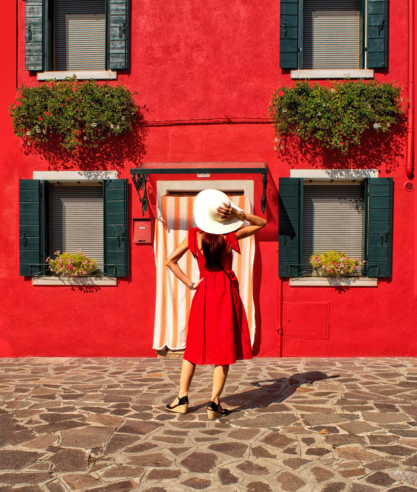 Red Dress On Burano Street by Anette Ohlendorf — canvas wall art