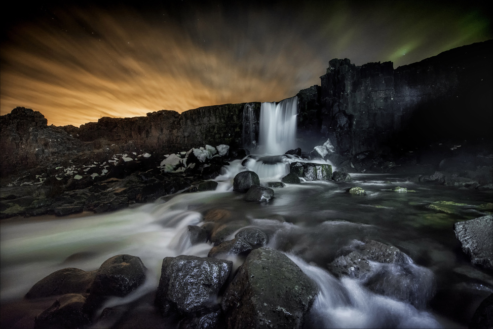 Aurora Over Night Waterfall by Chris Coenders — canvas wall art