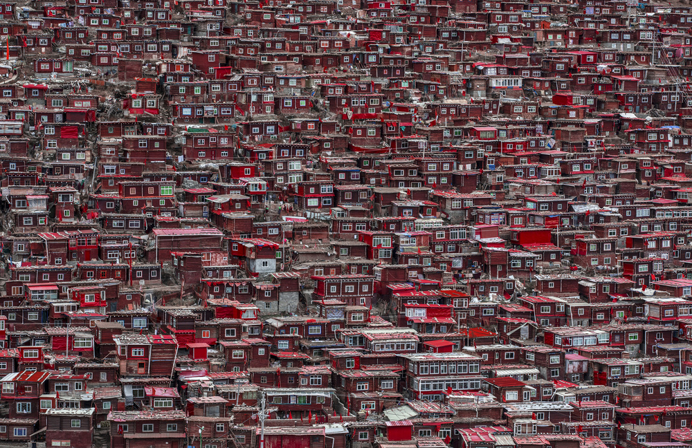Red Tibetan Monastery Village by Ali Al-Jazeri — canvas wall art