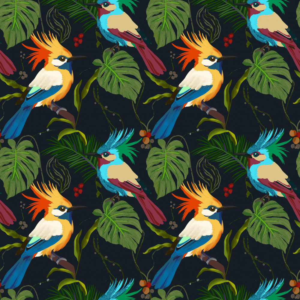 Vibrant Jungle Birds Pattern by Josie George — canvas wall art