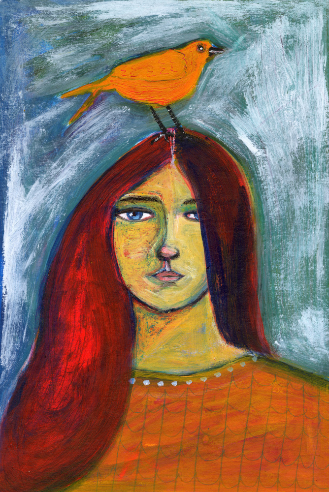 Woman and Orange Bird by Sharyn Bursic — canvas wall art