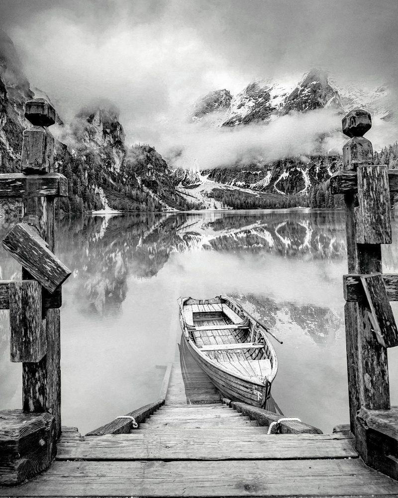 Misty Mountain Lake Boat by Adrian Lázare — canvas wall art
