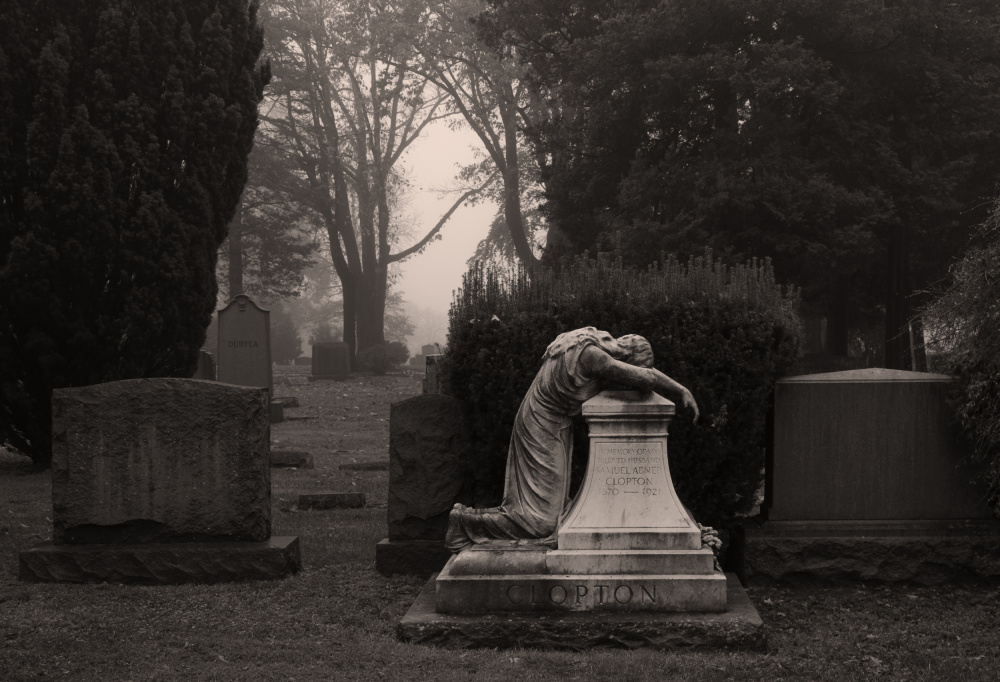Weeping Statue Cemetery Fog by Milton Mpounas — canvas wall art