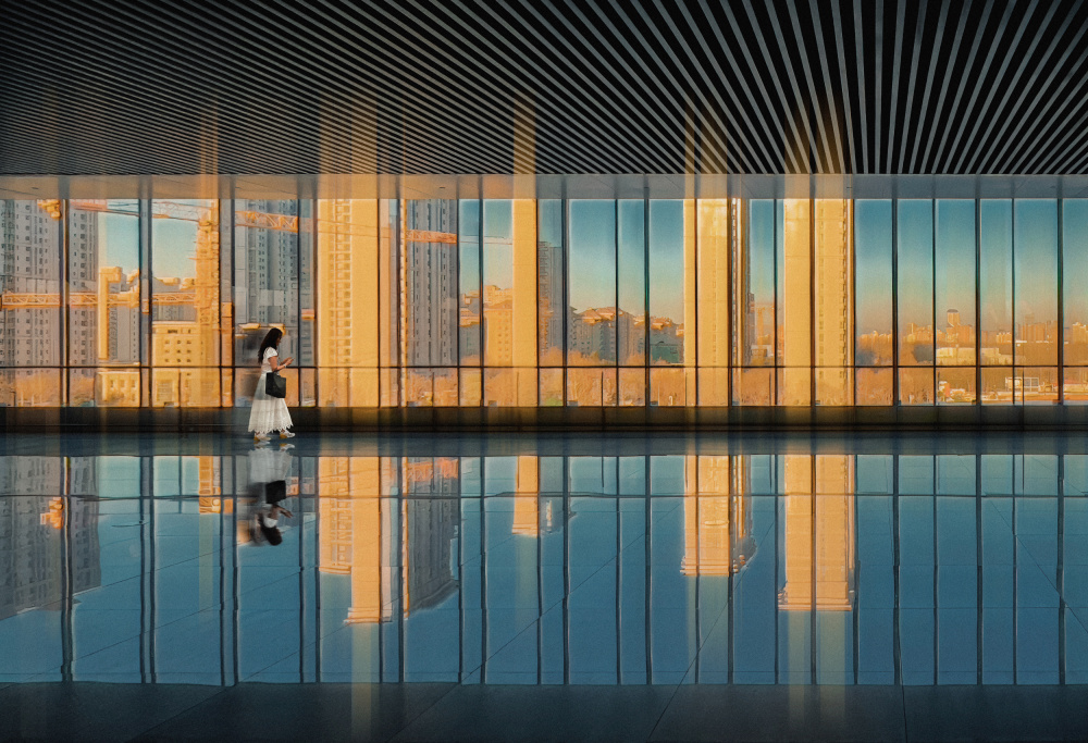 Golden Reflections Walk by Mia Meng — canvas wall art