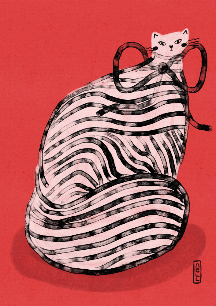 Whimsical Red Striped Cat by Dirkie Nell — canvas wall art