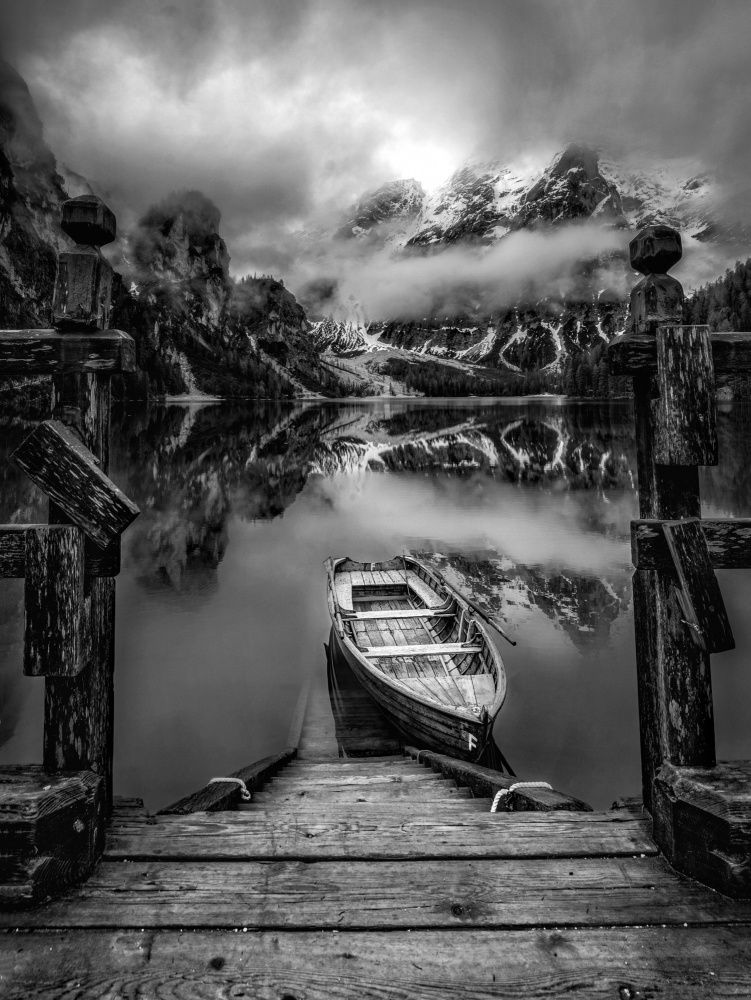 Misty Mountain Lake Boat by Adrian Lázare — canvas wall art