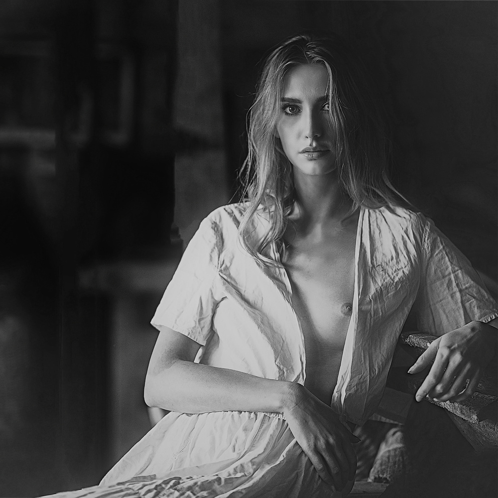 Blonde Woman Pensive Gaze by Roman Lipinski © czeladnik — canvas wall art