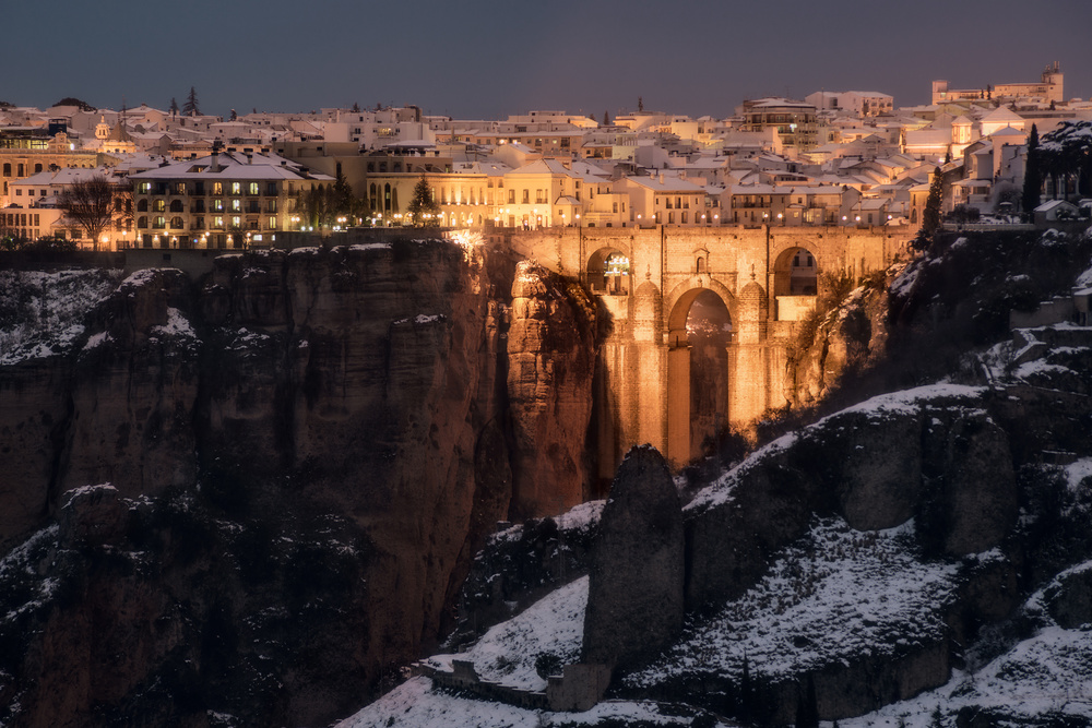 Snowy Ronda Night by E. de Juan — canvas wall art