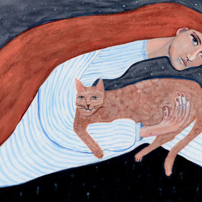 Cat Lover sitting under the stars and moon - ginger cat