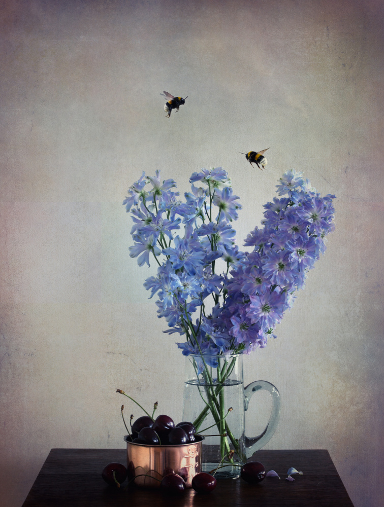 Bumblebees and Blue Flowers by Ellen van Deelen — canvas wall art