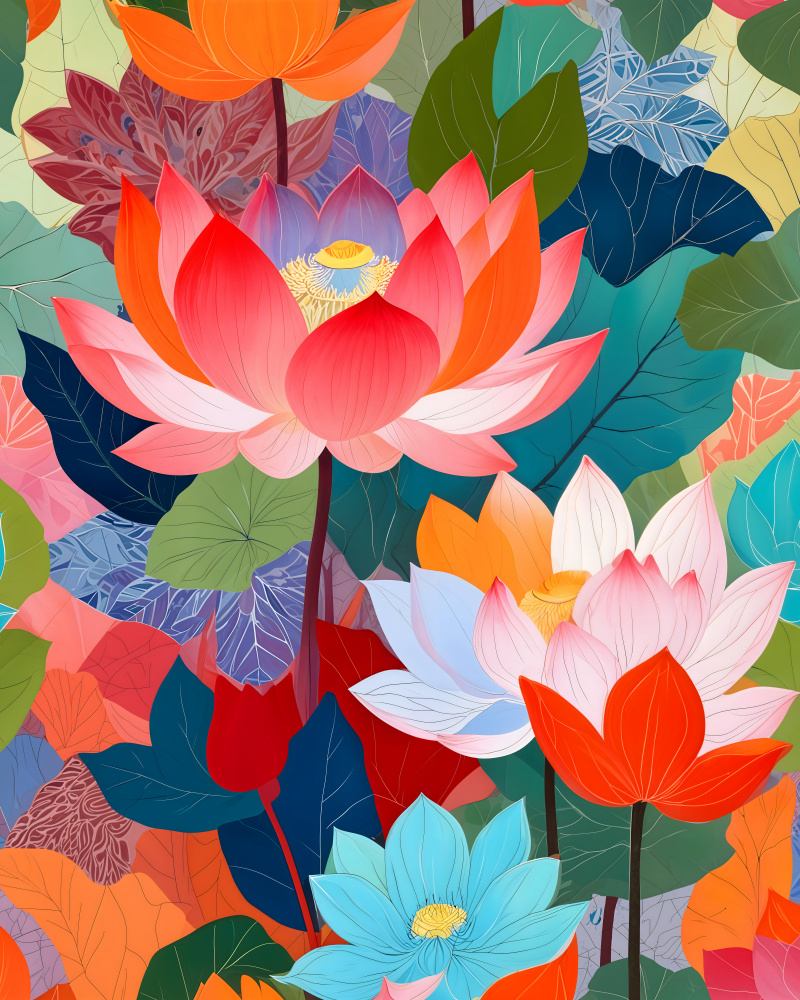 Vibrant Lotus Blooms by Uma Gokhale — canvas wall art