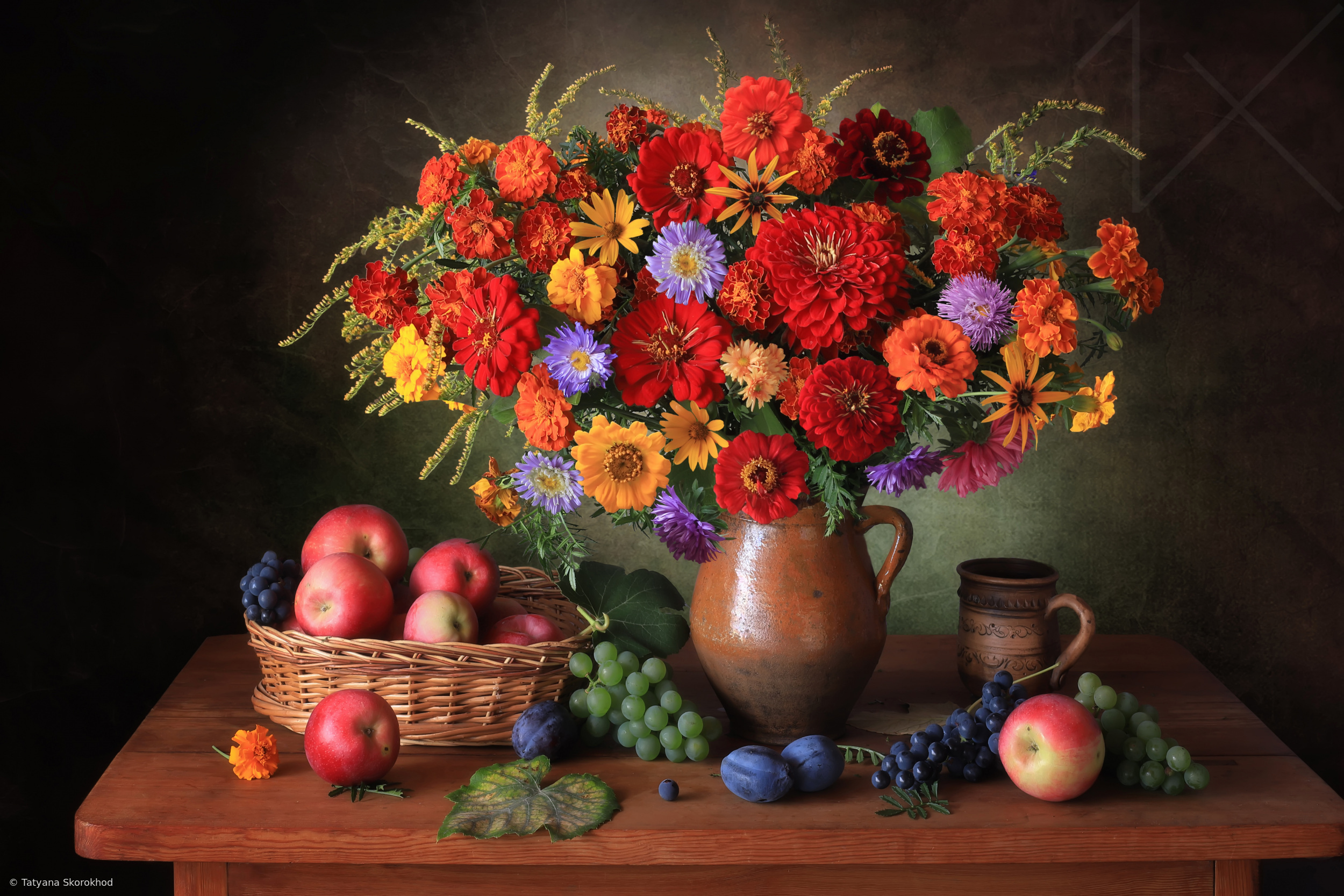 Still life with a bouquet of autumn flowers and fruits by Tatyana Skorokhod