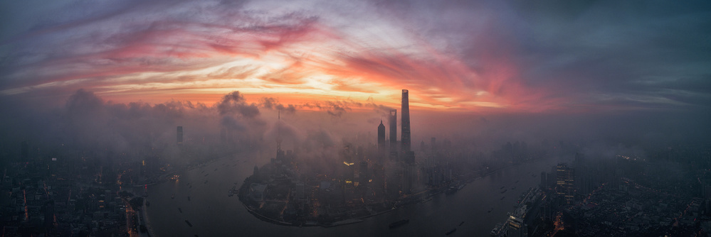 Misty Shanghai Sunset by Stan Huang — canvas wall art