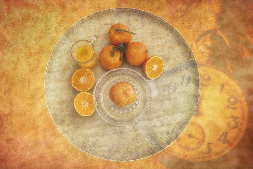 Fresh Oranges Vintage Clock by Marie-anne Stas — canvas wall art