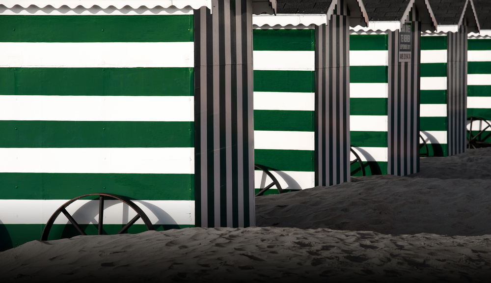 Green Striped Beach Huts by Jan Scheunders — canvas wall art