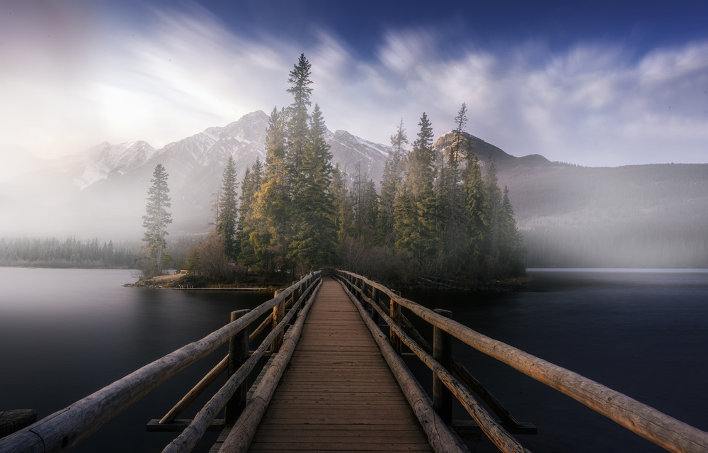 Misty Mountain Lake Bridge by Jorge Ruiz Dueso — canvas wall art