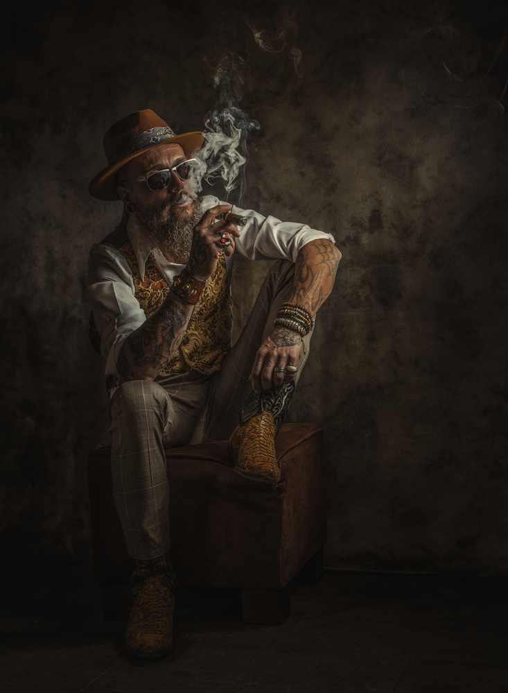 Stylish Man Smoking Cigar by gNo — canvas wall art