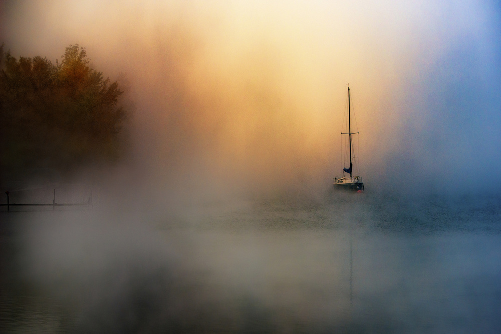 Misty Morning Sailboat by Zoran Dujic LightHunter — canvas wall art