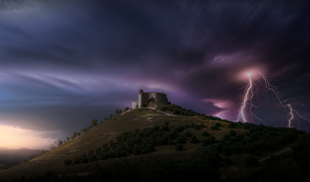 Lightning Over Ancient Castle by joanaduenas — canvas wall art