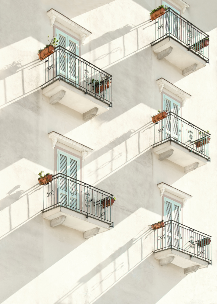 White Balconies Blue Shutters by Karin Kilb — canvas wall art