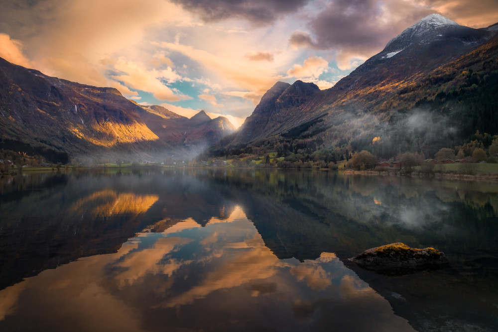 Golden Mountain Lake Reflection by Ole Henrik Skjelstad — canvas wall art