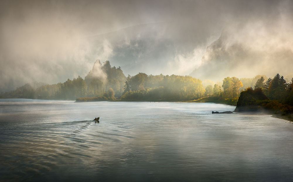 Misty Morning Canoe by Shenshen Dou — canvas wall art