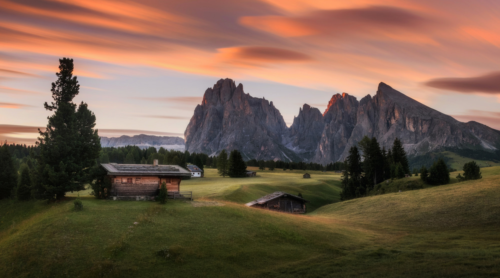 Alpine Sunset Cabins by Ales Krivec — canvas wall art