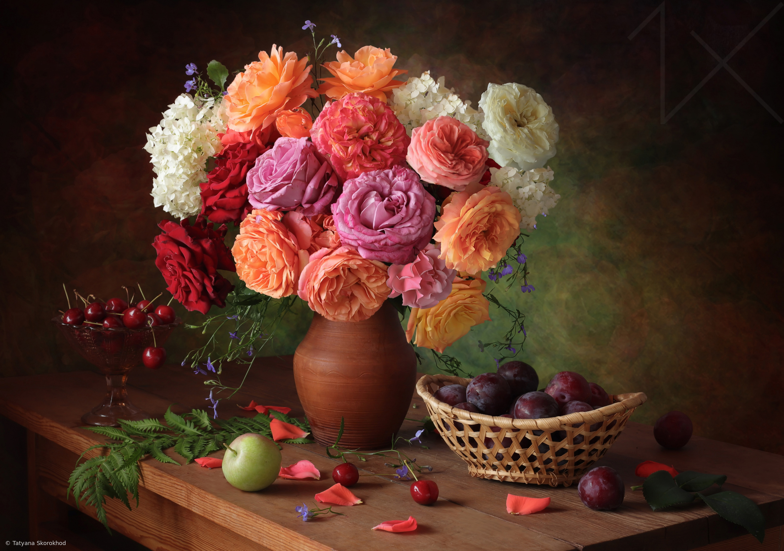 Still life with a bouquet of roses and plums by Tatyana Skorokhod