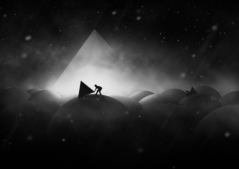 Man Pushing Light Pyramid by Hussain Buhligaha — canvas wall art
