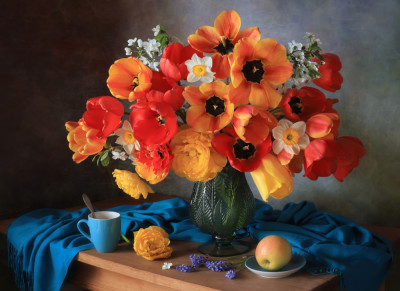 Still life with a bouquet of tulips and daffodils by Tatyana Skorokhod