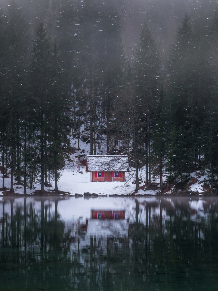 Red Cabin Winter Lake by Ales Krivec — canvas wall art