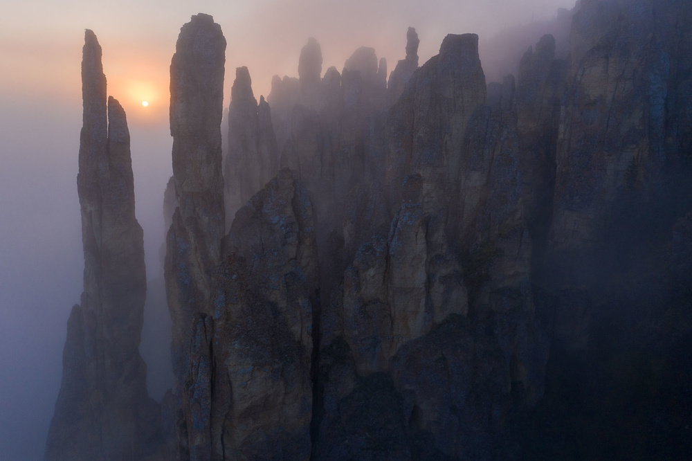 Misty Mountain Sunset by Alexey Kharitonov — canvas wall art