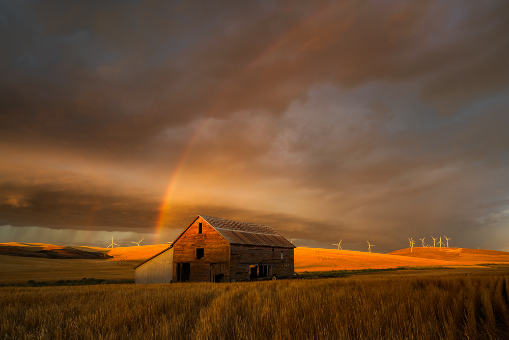 Golden Barn Rainbow by John Fan — canvas wall art