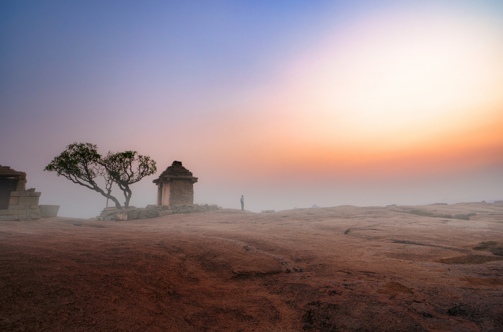 Misty Ancient Temple Dawn by Rahul Wedpathak — canvas wall art