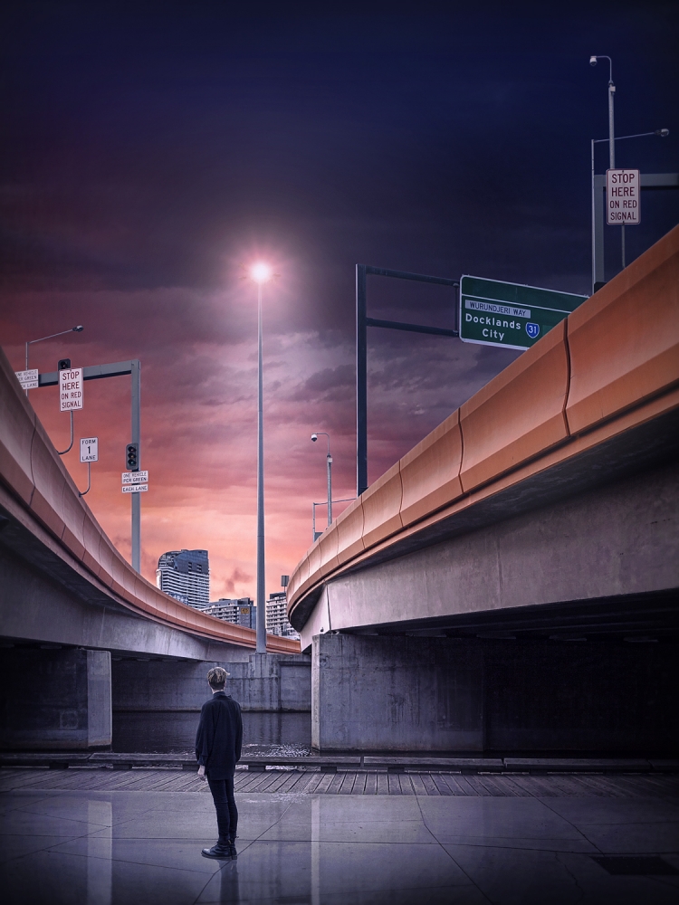 Man at Urban Crossroads by Adrian Donoghue — canvas wall art
