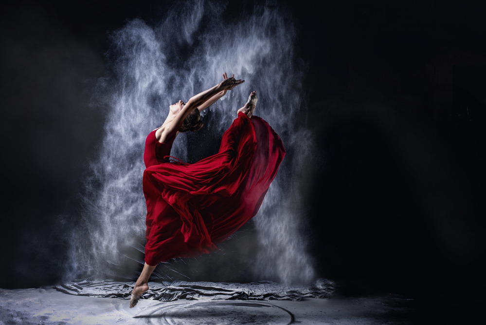 Red Dress Dance Leap by Petr Kleiner — canvas wall art