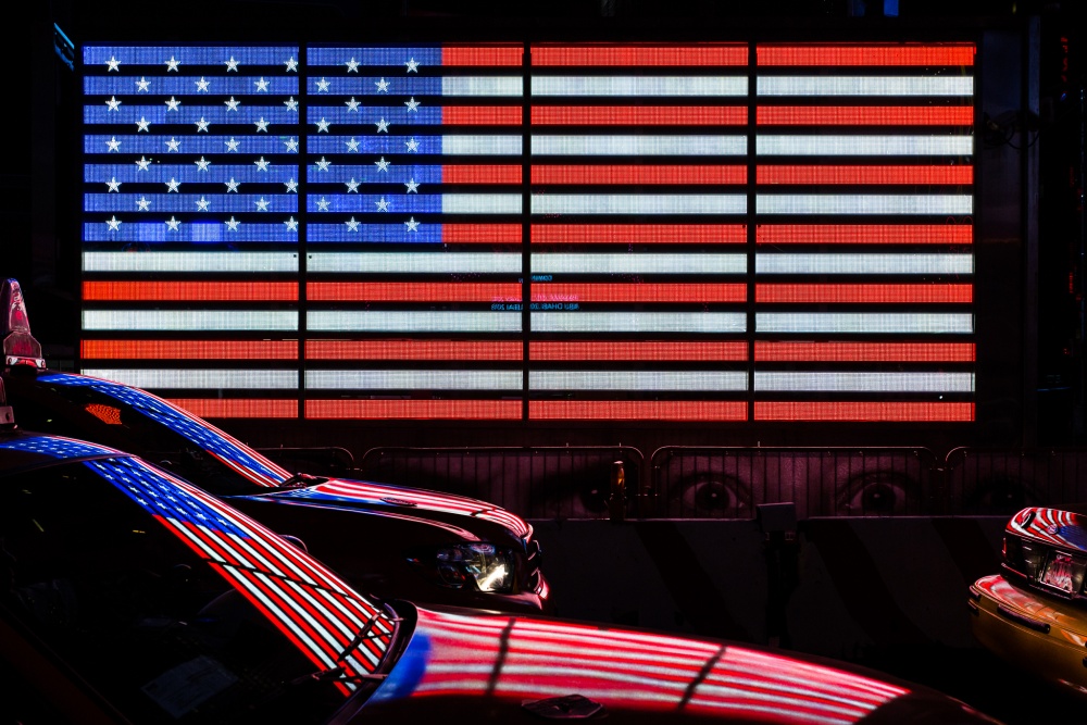 American Flag Night Reflections by Hervé Loire — canvas wall art