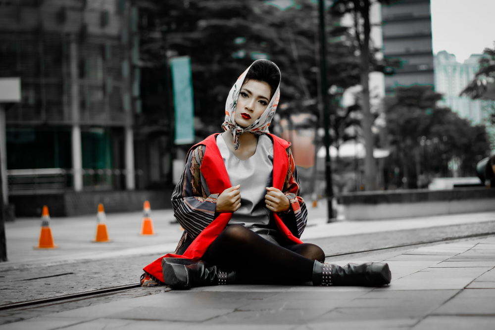 Red Jacket City Style by BagasPhotogram — canvas wall art