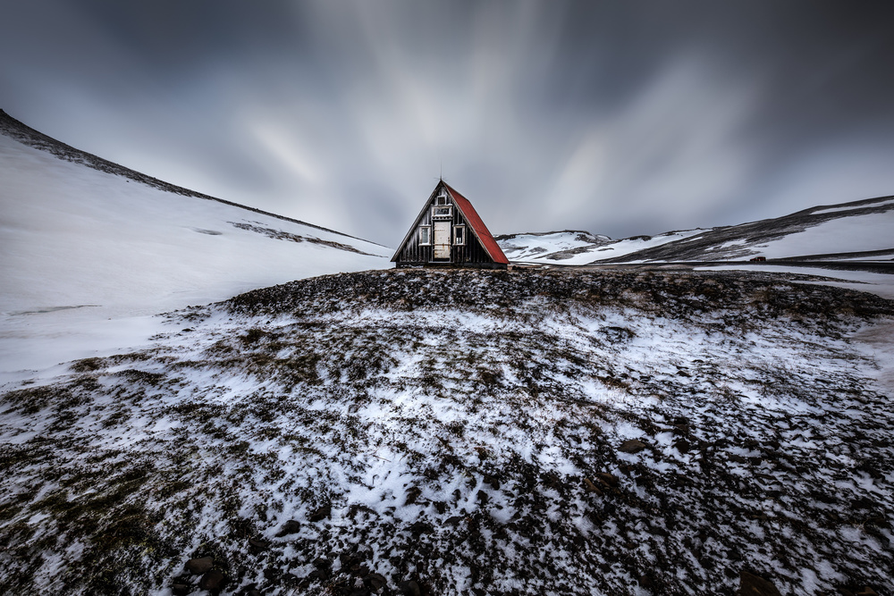 Red Roof Winter Cabin by Sus Bogaerts — canvas wall art
