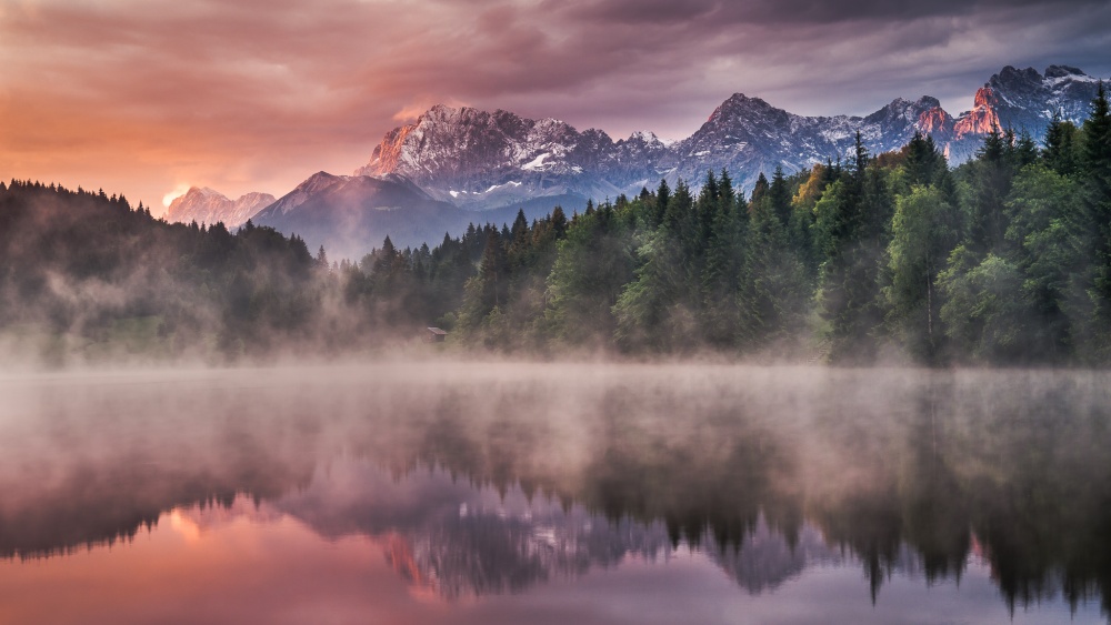 Misty Mountain Lake Reflection by Andreas Wonisch — canvas wall art